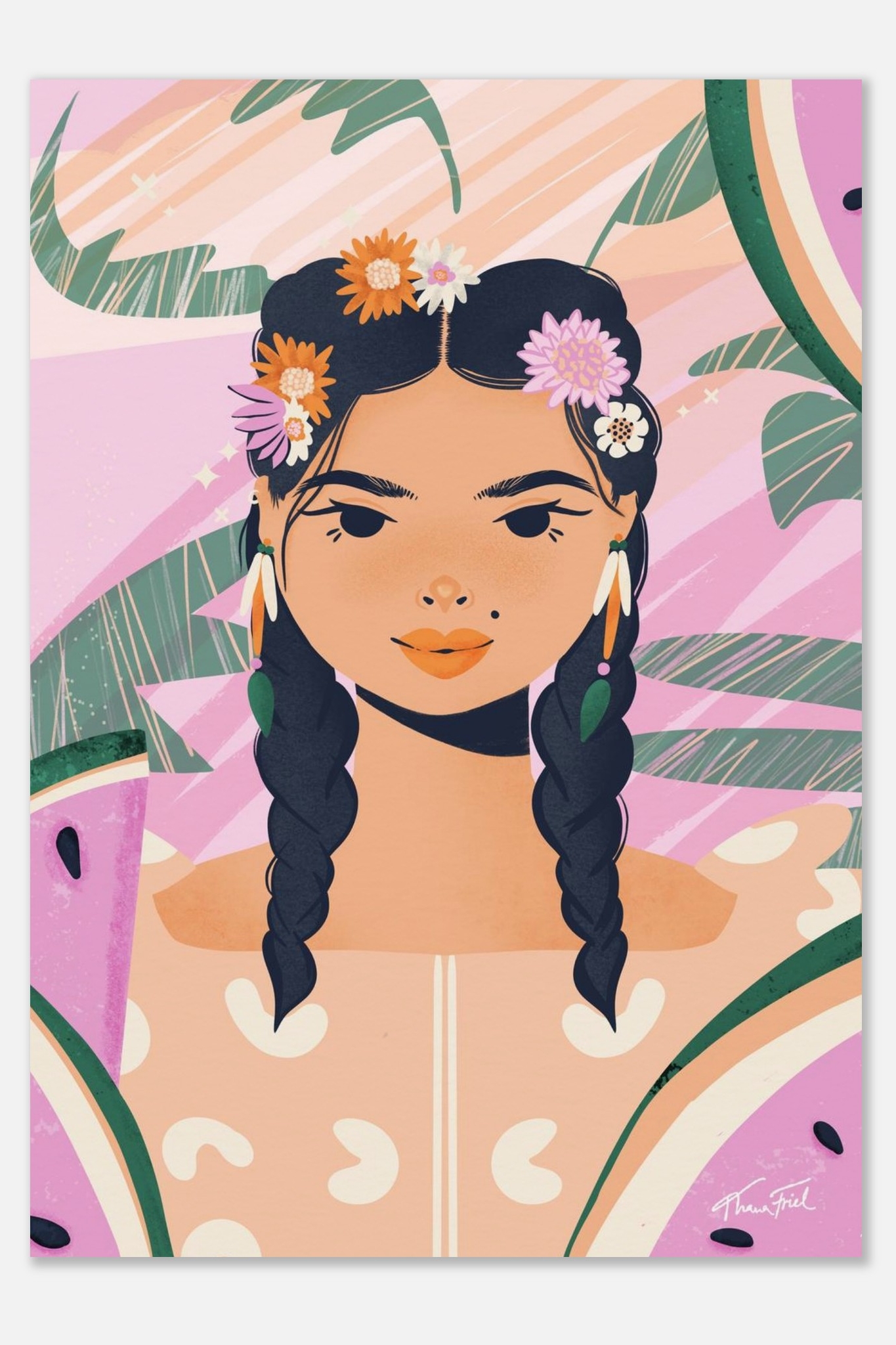 Floral Braids & Watermelon Slices • Matte Paper Poster