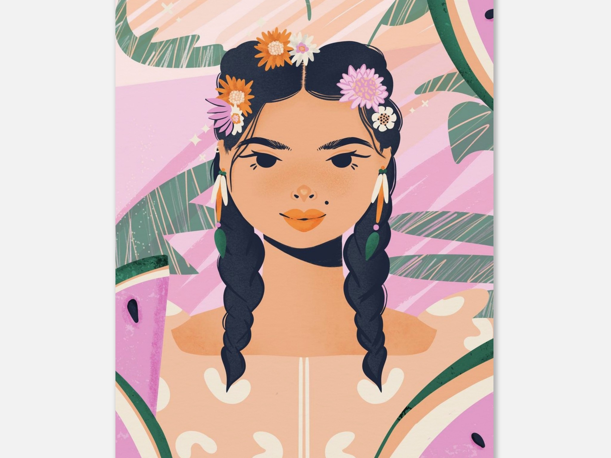 Floral Braids & Watermelon Slices • Matte Paper Poster